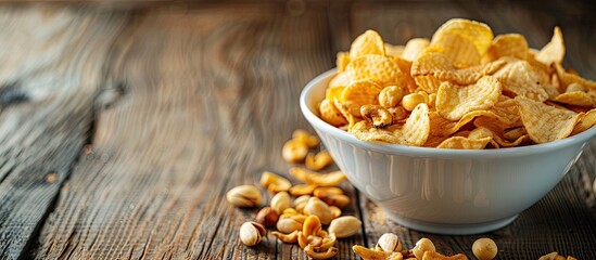 Poster - Close up of a bowl filled with crispy salty snacks like nuts and chips on a wooden backdrop perfect for a bar party showcasing unhealthy junk food with space for additional images
