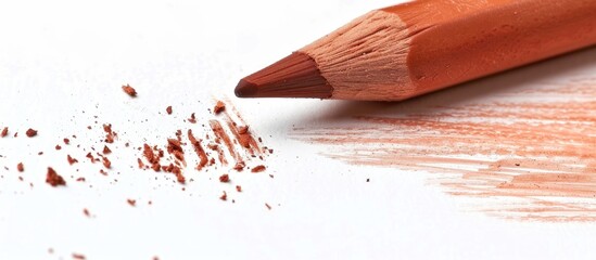 Poster - A textured brown wax crayon with rough strokes on white background featuring ample copy space image