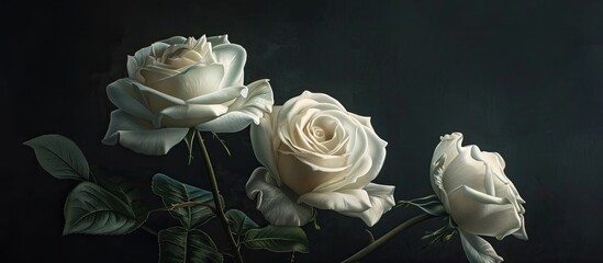 Poster - Three white roses displayed against a dark background with copy space image