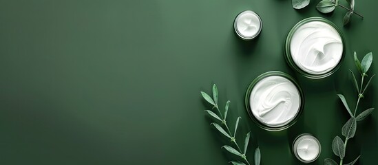 Aufkleber - Top view of face cream and gel on a green backdrop with space for text in the image. Creative banner. Copyspace image