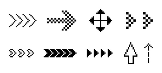 Fototapete - Set of arrows icon in pixel art. Arrow icon. Pixels design elements in the mood of 90's aesthetics. Y2k trendy stickers. 8 bit retro style vector illustration. Simple geometric form
