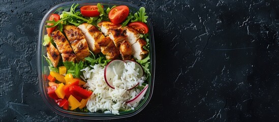 Aufkleber - Fresh salad chicken and rice in a glass container on a black table from a top view perspective with room for text in the image. Creative banner. Copyspace image