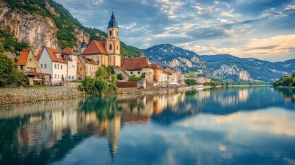 Durnstein, Austria, a picturesque village, is a gem in the Wachau Valley. The azure church stands out, its reflection shimmering in the tranquil Danube River.