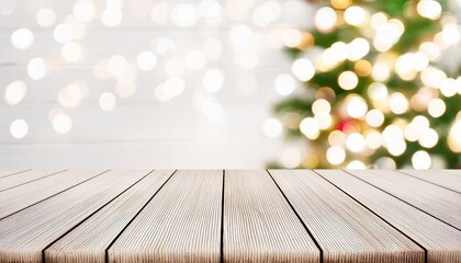 christmas background with empty white wooden table over bokeh lights