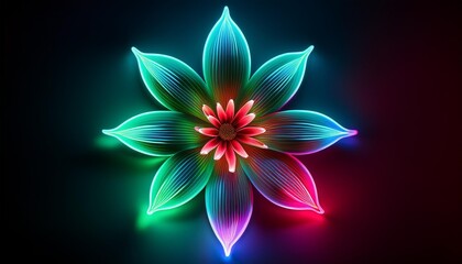 Canvas Print - flower glow a neon flower design in green blue and red on a dark background