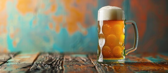 Poster - Close up shot of a mug filled with fresh beer placed on a wooden table set against a colorful background with room for adding text. Creative banner. Copyspace image
