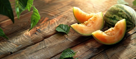 Aufkleber - Fresh sliced muskmelon isolated on a wooden background with copy space image