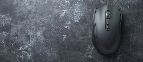 Poster - Top view of a mouse and mousepad arrangement on a grey backdrop providing space for text in the image. Creative banner. Copyspace image