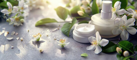 Poster - Closeup of cosmetic products with lovely jasmine flowers on a grey table providing ample copy space image