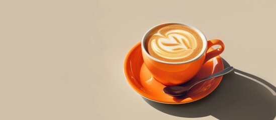 Poster - Latte art displayed in an orange cup and saucer with available copy space image