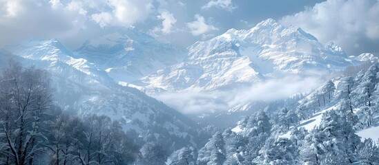 Poster - Winter is approaching enveloping the mountains in a cozy veil of snow creating an ideal setting for a romantic escape with a serene and picturesque copy space image