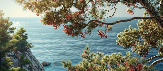 Poster - A picturesque scene showing pine tree branches with flowers on one side and the sea on the other creating a serene copy space image