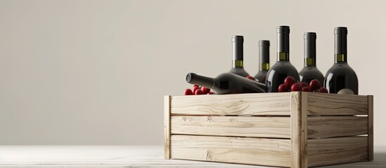 Poster - Wooden gift box with wine bottles on a white background featuring copy space image