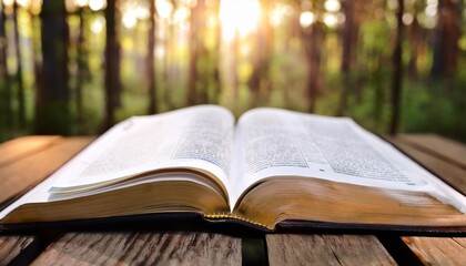 open bible on a wooden table in the forest morning worship and prayer