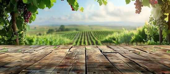 Poster - A wooden table provides a blank background featuring a vineyard landscape in a winery offering ample copy space for displaying wine products against the picturesque vineyard backdrop