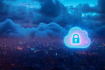 Cloud data storage security and network protection with a padlock sign in front of a cloud glowing light background.