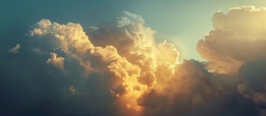 Poster - Cumulonimbus clouds illuminated by golden sunlight against a blue sky ideal for copy space image