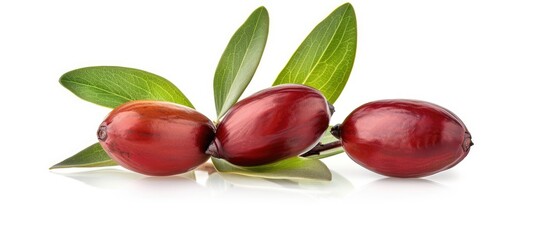 Poster - Ripe jojoba fruits with leaves isolated on white background with copy space image