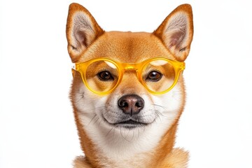 Wall Mural - Isolated on a summer background, a smiling puppy dog Shiba Inu wearing sunglasses and a summertime costume, pets summertime, a lovely dog on vacation.