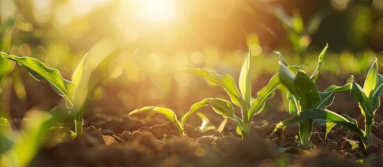 Poster - Close up view of young corn plants in a field with the natural sunlight in the background portraying an agricultural theme with copy space image