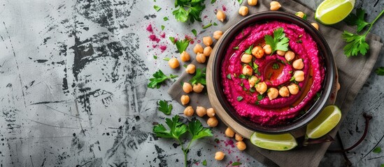 Poster - Bowl of flavorful beet hummus with chickpeas garnished with lime and parsley on a textured grey tabletop in a flat lay composition with room for text in the image. Creative banner. Copyspace image