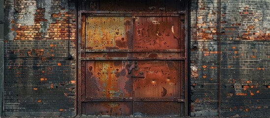 Aufkleber - A textured wallpaper with an industrial theme showcases a close up image of an old rusty garage gate in an abandoned warehouse setting offering ample copy space