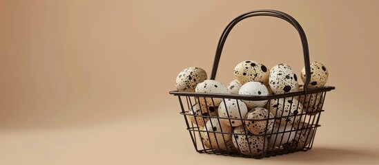 Aufkleber - Fresh quail eggs in shopping basket on beige backdrop with copy space image