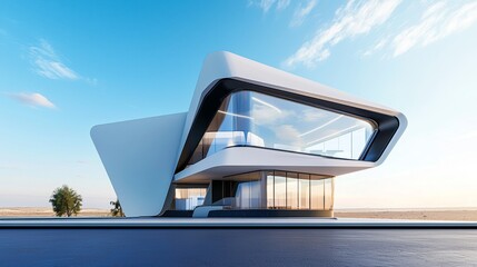 Poster - A 3D rendering of a Surreal Architecture building with glass on concrete, a white floor, and a blue sky in the background.