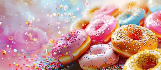 Colorful donuts topped with various sprinkles on display in this appetizing copy space image