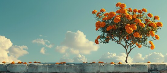 Poster - Marigold tree on a rooftop with orange flowers provides a captivating copy space image