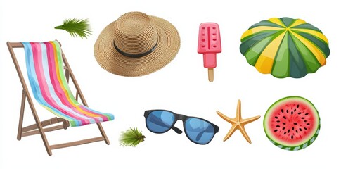 Wall Mural - Collage of summer vacation accessories like a beach chair, a snorkel, an ice cream cone, and other souvenirs in holiday backgrounds.