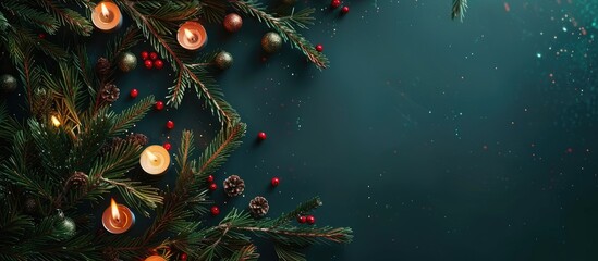 Fototapete - Festive layout on a Christmas card featuring a fir branch adorned with candles along with room for text in a copy space image