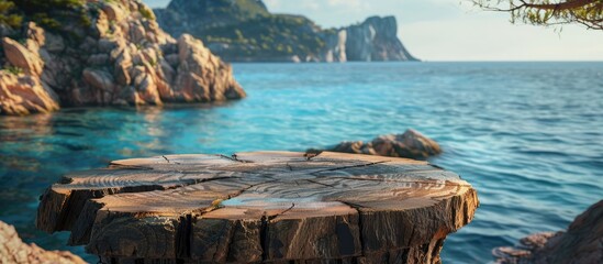 Poster - A picturesque wooden block crafted from a tree trunk serves as a table top against a scenic backdrop of a beach blue sea rocks and a rocky mountain island providing ample copy space for products and
