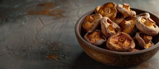 Aufkleber - Dried shiitake mushrooms prepared as a snack on a table with a food background and copy space image suitable for vegetarian and vegan diets