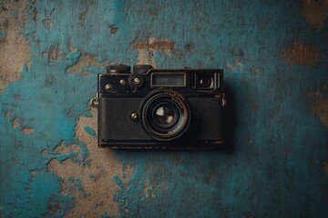 Wall Mural - Old camera on blue background.