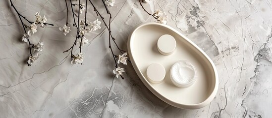 Poster - Studio photography of a beauty cosmetic product presentation with a mockup white oval tray on a textured surface providing ample copy space image