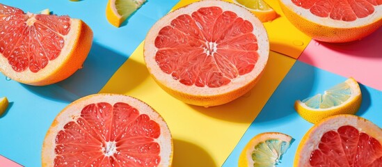 Aufkleber - Top view of a juicy grapefruit with slices on a colorful background a creative summer concept with half the citrus in a minimal flat lay featuring copy space image