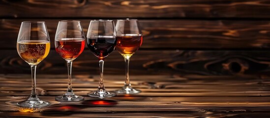 Poster - Various delectable liqueurs displayed in glasses on a rustic wooden table with available space for a text overlay on a copy space image