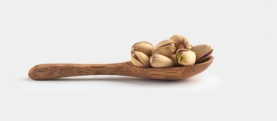 Poster - Delicious pistachio nuts arranged on a wooden spoon against a white backdrop in a captivating copy space image
