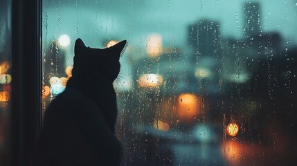 Wall Mural - A cozy scene of a cat staring out a window on a rainy day, the city beyond obscured by raindrops, capturing a tranquil urban moment.