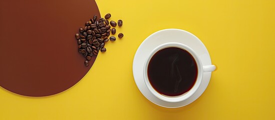 Poster - Top view of a white coaster next to a coffee cup with coffee beans on a yellow backdrop in this copy space image