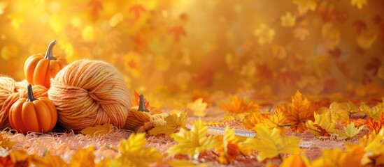Poster - Autumn themed composition with wool yarn skeins yellow leaves pumpkins and a hand knitting concept for Halloween and autumn creativity includes copy space image