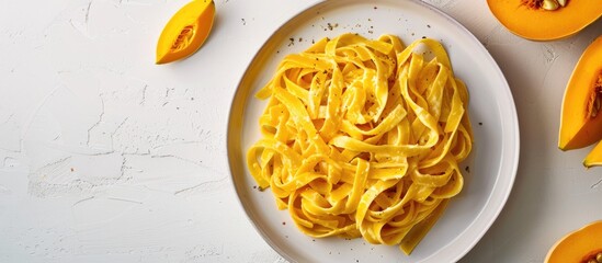 Sticker - A plate with pumpkin Alfredo fettuccine pasta sits on a white background alongside slices of raw butternut squash perfect for a fall lunch with room for a copy space image