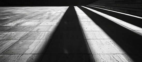 Poster - monochrome tones form long geometric lines in a shadow pattern on the pavement creating an abstract 