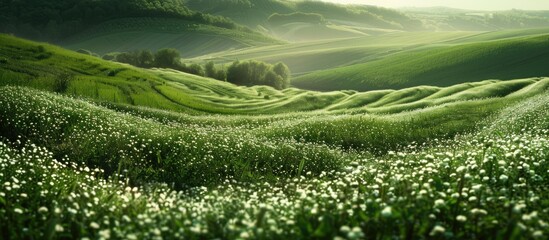 Poster - Lush green fields of a flower filled farm provide a serene background in the copy space image