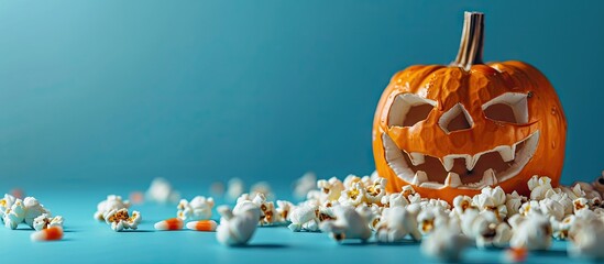 Sticker - A Halloween themed image featuring a pumpkin popcorn set against a blue background with space for text insertion. Creative banner. Copyspace image