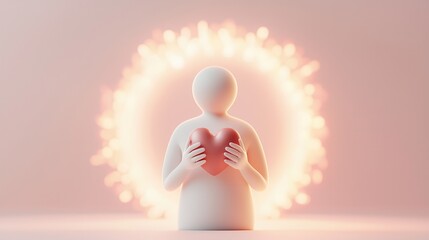 Sticker - 3D Render of a Person Holding a Heart in Front of a Bright Light.