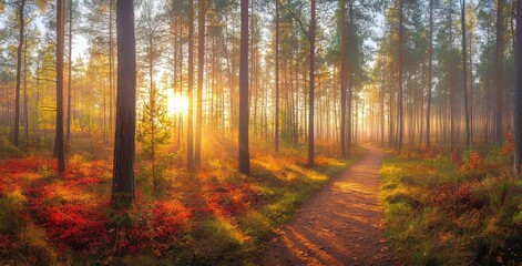 Poster - In an autumn forest, beautiful beams of sunlight illuminate the wafts of mist while painting stunning colors into the trees