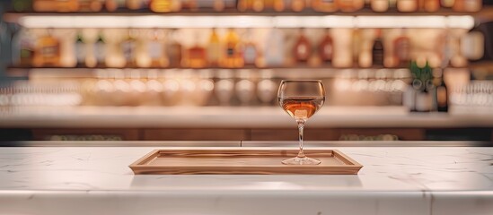 Leinwandbilder - Wooden tray with a cocktail glass on a white table against a blurred bar background providing copy space for other items