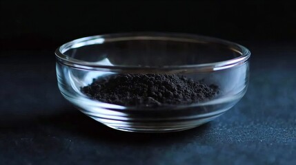 Wall Mural - Close-up of a glass bowl filled with finely ground black powder against a dark background.